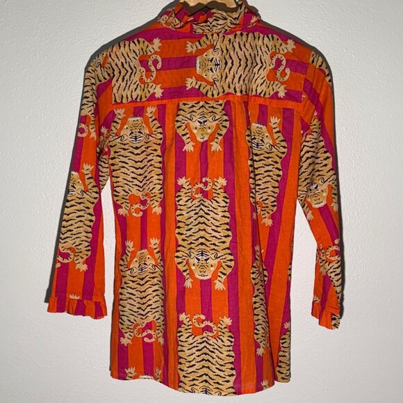 Liza Byrd Bessie Ruffle Blouse in Tangerine and Pink StripTiger Print Size S - Picture 9 of 12